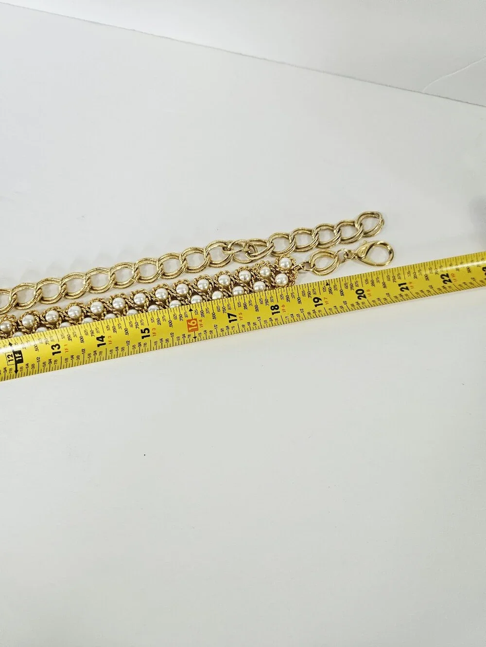 Vintage Gold Tone Double Row Faux Pearl Textured Twist Chain Linked Metal Belt